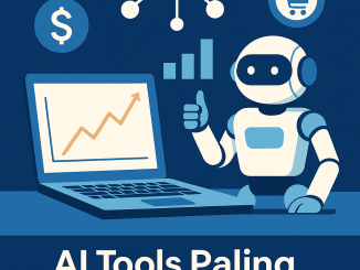 Flat-style digital illustration menunjukkan laptop dengan grafik naik, robot AI memberi jempol, serta ikon e-commerce, analitik, dan inovasi bisnis, merepresentasikan AI tools canggih untuk bisnis online 2025.