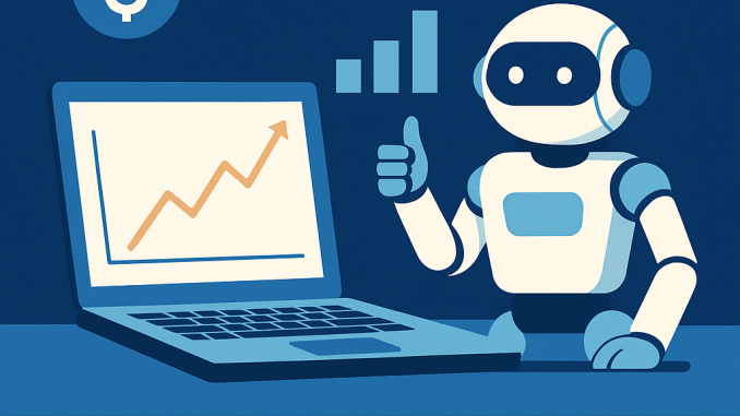 AI Tools Paling Canggih di 2025 untuk Bisnis Online Flat-style digital illustration menunjukkan laptop dengan grafik naik, robot AI memberi jempol, serta ikon e-commerce, analitik, dan inovasi bisnis, merepresentasikan AI tools canggih untuk bisnis online 2025.