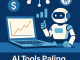 Flat-style digital illustration menunjukkan laptop dengan grafik naik, robot AI memberi jempol, serta ikon e-commerce, analitik, dan inovasi bisnis, merepresentasikan AI tools canggih untuk bisnis online 2025.