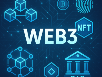 Futuristic digital illustration showing the word “WEB3” surrounded by blockchain cubes, NFT icon, DAO structure, cryptocurrency coin, and fingerprint, symbolizing the decentralized internet.