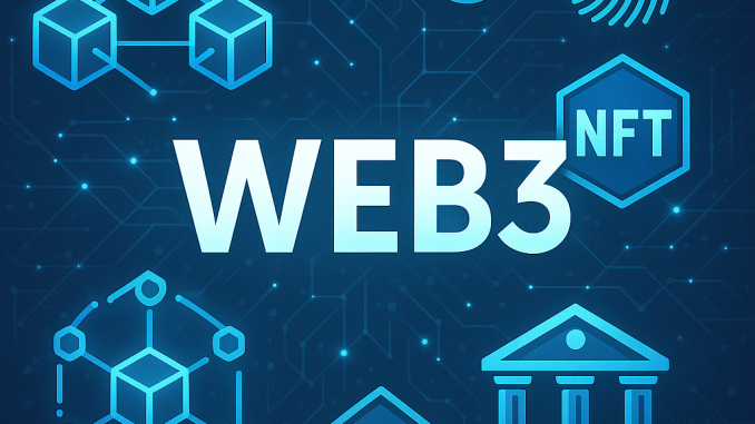 Web3: Masa Depan Internet atau Sekadar Hype? Futuristic digital illustration showing the word “WEB3” surrounded by blockchain cubes, NFT icon, DAO structure, cryptocurrency coin, and fingerprint, symbolizing the decentralized internet.