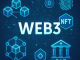 Futuristic digital illustration showing the word “WEB3” surrounded by blockchain cubes, NFT icon, DAO structure, cryptocurrency coin, and fingerprint, symbolizing the decentralized internet.