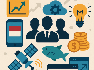 Ilustrasi digital flat-style menampilkan ikon startup Indonesia seperti grafik pertumbuhan, smartphone, cloud, fintech, agritech (ikan dan tanaman), koin, serta siluet tim bisnis, melambangkan inovasi startup teknologi.