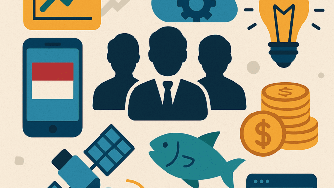 Ilustrasi digital flat-style menampilkan ikon startup Indonesia seperti grafik pertumbuhan, smartphone, cloud, fintech, agritech (ikan dan tanaman), koin, serta siluet tim bisnis, melambangkan inovasi startup teknologi.