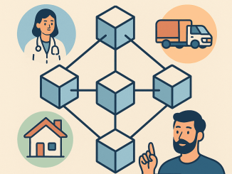 Ilustrasi blockchain di luar crypto dengan lima industri: kesehatan, rantai pasok, properti, pendidikan, dan seni.