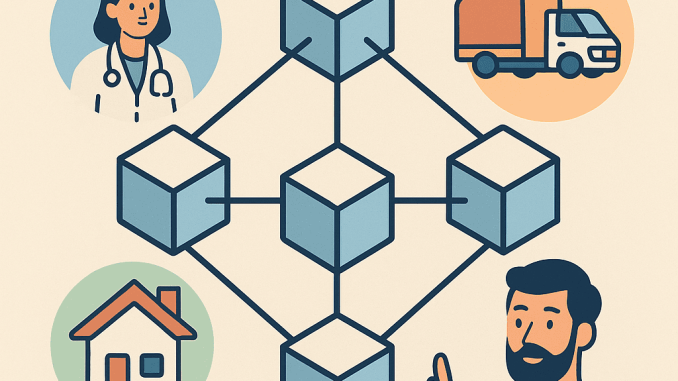 Blockchain di Luar Crypto: 5 Industri yang Akan Berubah Ilustrasi blockchain di luar crypto dengan lima industri: kesehatan, rantai pasok, properti, pendidikan, dan seni.