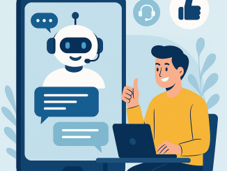 Ilustrasi digital flat-style menunjukkan chatbot ramah di layar smartphone sedang berbincang dengan pengguna pria yang duduk di meja dengan laptop, memberikan tanda jempol.