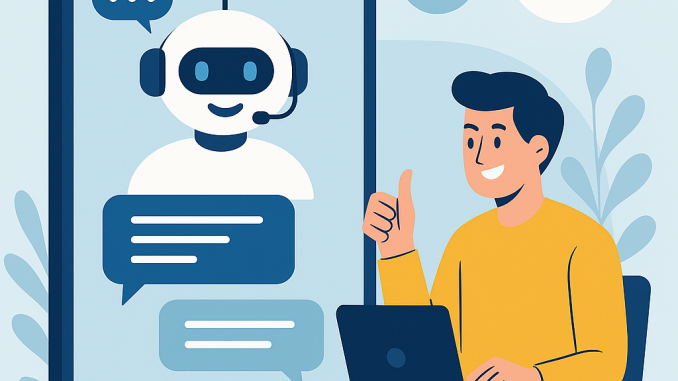 Chatbot dan Customer Experience: Solusi Cerdas untuk Bisnis Ilustrasi digital flat-style menunjukkan chatbot ramah di layar smartphone sedang berbincang dengan pengguna pria yang duduk di meja dengan laptop, memberikan tanda jempol.