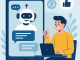 Ilustrasi digital flat-style menunjukkan chatbot ramah di layar smartphone sedang berbincang dengan pengguna pria yang duduk di meja dengan laptop, memberikan tanda jempol.
