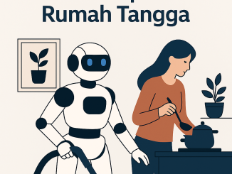 Ilustrasi digital robot industri di pabrik yang merakit mesin di satu sisi, dan robot rumah tangga seperti vacuum cleaner serta asisten AI di rumah pintar di sisi lain, melambangkan evolusi robotika.