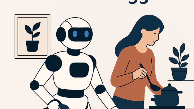 Robotika Modern: Dari Pabrik ke Kehidupan Rumah Tangga Ilustrasi digital robot industri di pabrik yang merakit mesin di satu sisi, dan robot rumah tangga seperti vacuum cleaner serta asisten AI di rumah pintar di sisi lain, melambangkan evolusi robotika.