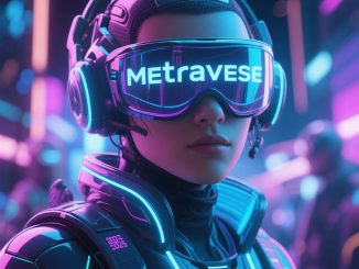 Ilustrasi dunia metaverse tahun 2025 dengan avatar manusia berinteraksi dalam ruang virtual menggunakan teknologi AR dan VR.