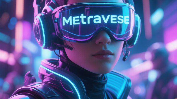 Metaverse 2025: Bagaimana Tren Virtual Dunia Nyata? Ilustrasi dunia metaverse tahun 2025 dengan avatar manusia berinteraksi dalam ruang virtual menggunakan teknologi AR dan VR.