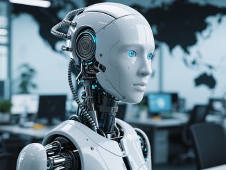 Ilustrasi kolaborasi manusia dan robot AI di tempat kerja modern dengan teknologi digital.
