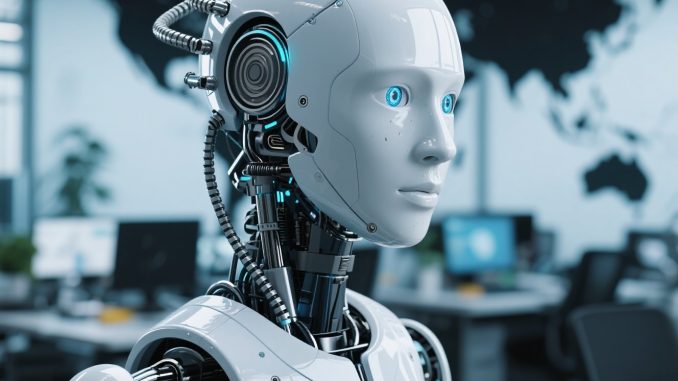 Kecerdasan Buatan dan Dampaknya terhadap Dunia Kerja Ilustrasi kolaborasi manusia dan robot AI di tempat kerja modern dengan teknologi digital.