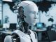 Ilustrasi kolaborasi manusia dan robot AI di tempat kerja modern dengan teknologi digital.