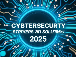 Ilustrasi cybersecurity 2025 dengan ikon gembok digital, AI, dan jaringan internet yang dilindungi.