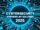 Ilustrasi cybersecurity 2025 dengan ikon gembok digital, AI, dan jaringan internet yang dilindungi.