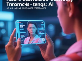 Ilustrasi e-commerce masa depan dengan AI, AR, dan personalisasi belanja digital.