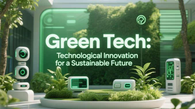 Green Tech: Inovasi Teknologi untuk Masa Depan Berkelanjutan Ilustrasi teknologi hijau dengan panel surya, turbin angin, kendaraan listrik, dan bangunan ramah lingkungan.