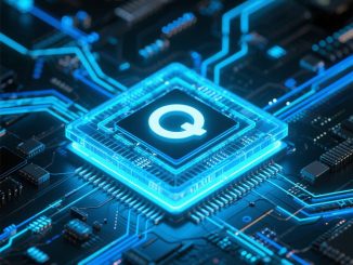 Ilustrasi komputer kuantum dengan qubit bercahaya di pusat data futuristik.