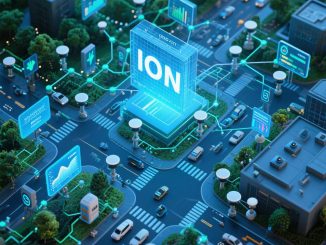Ilustrasi smart city modern dengan jaringan IoT yang menghubungkan transportasi, energi, dan keamanan.
