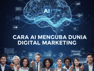 Kolase ilustrasi AI dalam digital marketing dengan chatbot, grafik data, dan iklan online.