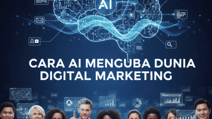 Cara AI Mengubah Dunia Digital Marketing Kolase ilustrasi AI dalam digital marketing dengan chatbot, grafik data, dan iklan online.