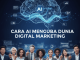 Kolase ilustrasi AI dalam digital marketing dengan chatbot, grafik data, dan iklan online.
