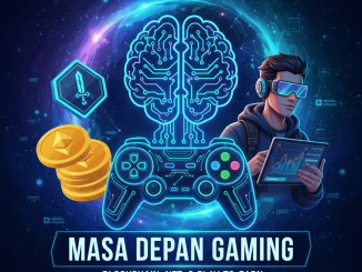 Kolase ilustrasi gaming masa depan dengan blockchain, NFT, dan play-to-earn.