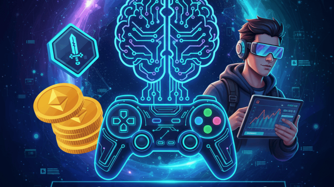 Masa Depan Gaming: Blockchain, NFT, dan Play-to-Earn Kolase ilustrasi gaming masa depan dengan blockchain, NFT, dan play-to-earn.