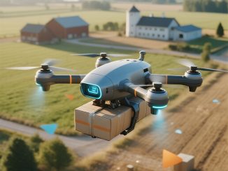 Kolase drone di gudang logistik, drone mengirim paket, dan drone terbang di ladang pertanian.