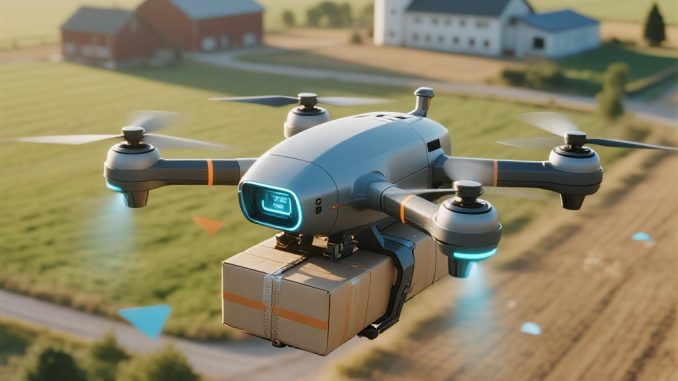 Bagaimana Drone Mengubah Industri Logistik dan Pertanian Kolase drone di gudang logistik, drone mengirim paket, dan drone terbang di ladang pertanian.