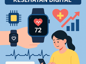 Ilustrasi wearable technology dengan smartwatch, ikon kesehatan, grafik pertumbuhan, dan seorang wanita yang menggunakan aplikasi kesehatan digital di ponsel.