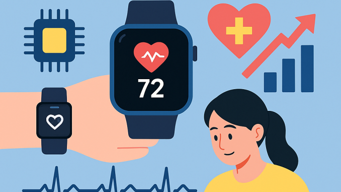 Teknologi Wearable: Dari Jam Pintar ke Kesehatan Digital Ilustrasi wearable technology dengan smartwatch, ikon kesehatan, grafik pertumbuhan, dan seorang wanita yang menggunakan aplikasi kesehatan digital di ponsel.