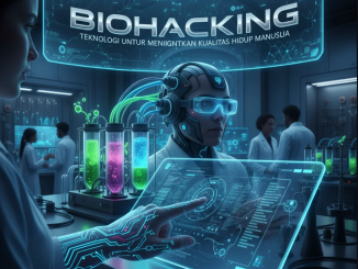 Ilustrasi manusia digital dengan chip dan jaringan saraf bercahaya, melambangkan sinergi bioteknologi dan kehidupan modern.