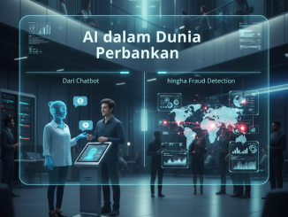 Robot AI sedang berbicara dengan nasabah melalui layar digital di kantor bank modern.