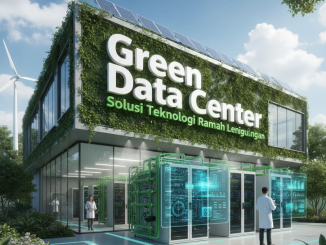 Gedung pusat data modern dengan panel surya di atap dan sistem pendinginan hijau berbasis AI.