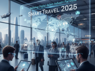 Wisatawan menggunakan smartphone dengan teknologi AR dan peta digital di destinasi modern.