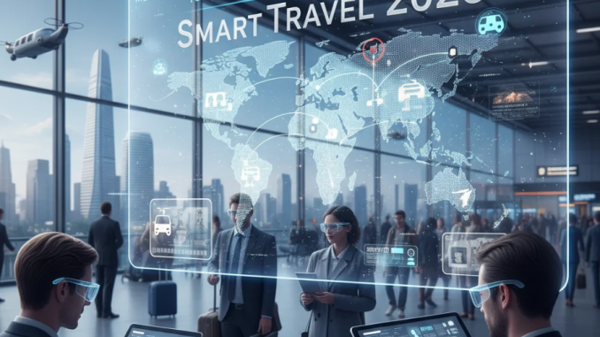 Wisatawan menggunakan smartphone dengan teknologi AR dan peta digital di destinasi modern.