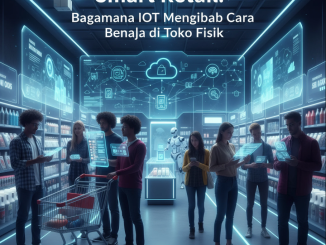Toko ritel modern dengan sensor IoT, layar interaktif, dan pelanggan berbelanja menggunakan smartphone.