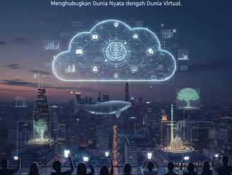 Visualisasi dunia nyata dan virtual yang saling terhubung melalui jaringan data AR Cloud dalam peta tiga dimensi.