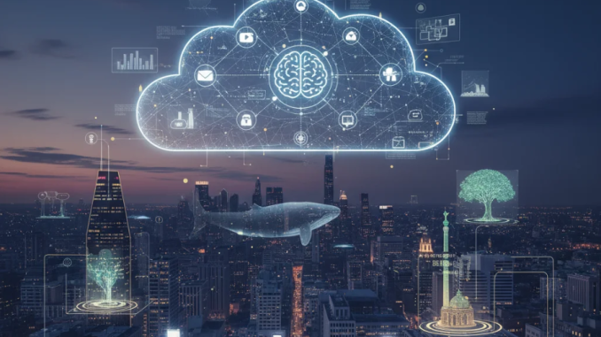 Visualisasi dunia nyata dan virtual yang saling terhubung melalui jaringan data AR Cloud dalam peta tiga dimensi.