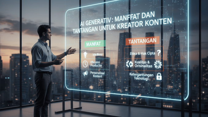 AI Generatif: Manfaat dan Tantangan untuk Kreator Konten Ilustrasi kreator konten bekerja dengan bantuan AI generatif untuk menulis, mendesain, dan membuat video.