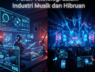 Ilustrasi teknologi modern dalam industri musik: konser virtual, headphone, dan platform streaming.