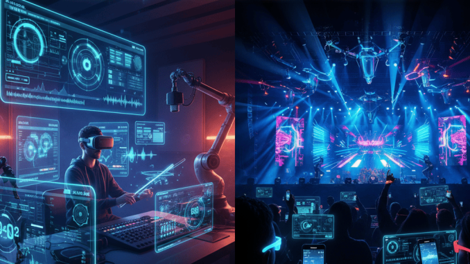 Peran Teknologi dalam Industri Musik dan Hiburan Ilustrasi teknologi modern dalam industri musik: konser virtual, headphone, dan platform streaming.