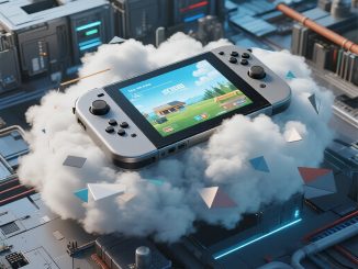 Ilustrasi perbandingan cloud gaming dan konsol tradisional dengan simbol awan digital dan perangkat game.