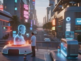 Ilustrasi Edge AI dengan perangkat pintar, chip AI, dan koneksi IoT real-time.