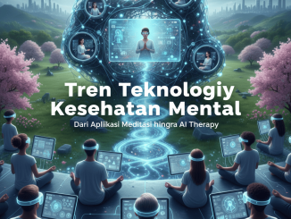 Ilustrasi aplikasi meditasi, AI chatbot, dan wearable device untuk kesehatan mental.