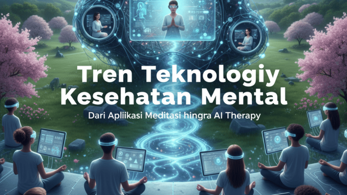 Ilustrasi aplikasi meditasi, AI chatbot, dan wearable device untuk kesehatan mental.